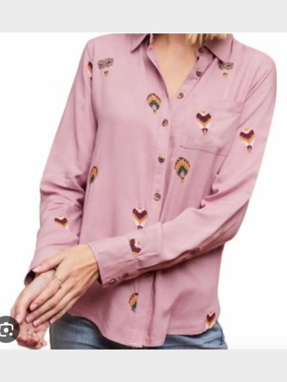 Anthropologie Embroidered Hot Air Balloon Mauve Long Sleeve Button Down - Sz 4